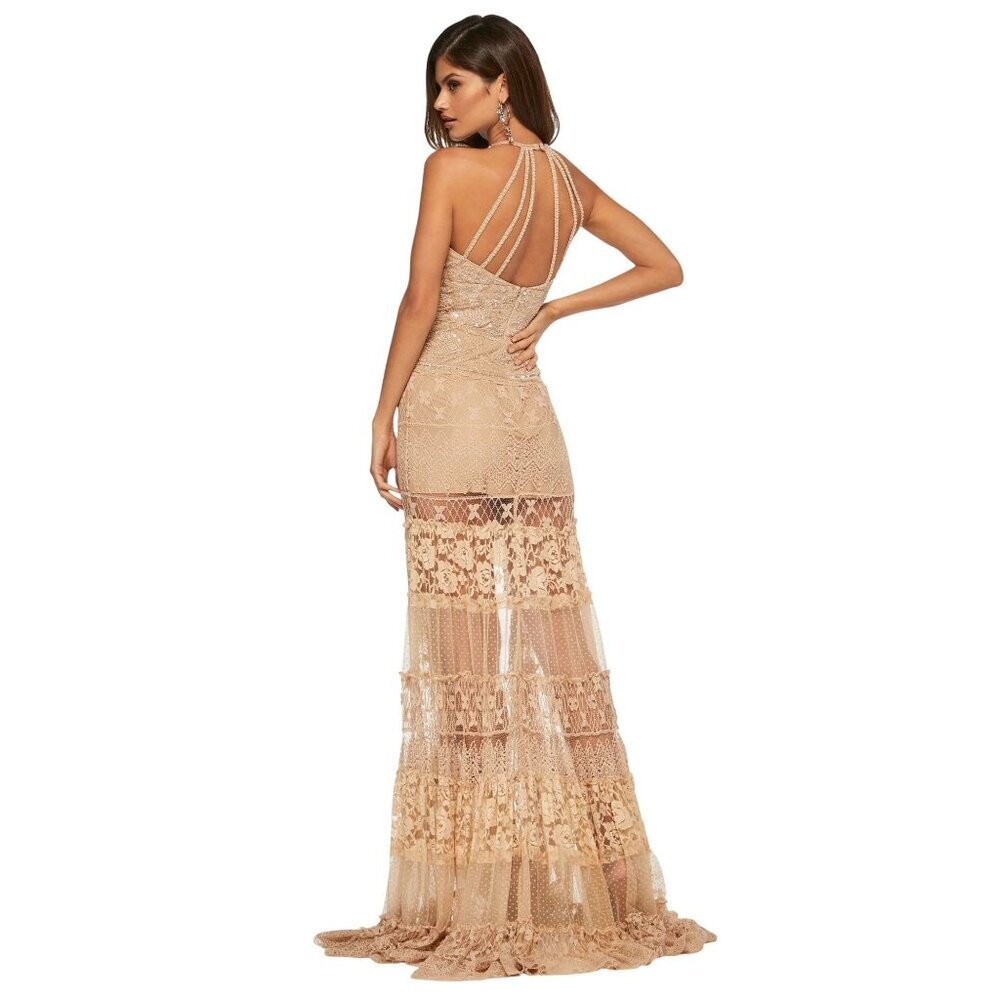 NWT Sherri Hill 52663 Lace halter Neck Maxi Dress High-low Sheer Skirt Size 0 - Picture 3 of 11